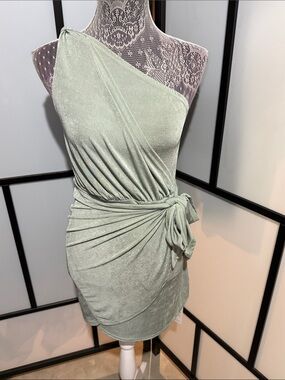 Cupshe Sage Green One-Shoulder Draped Tie-Waist Mini Dress